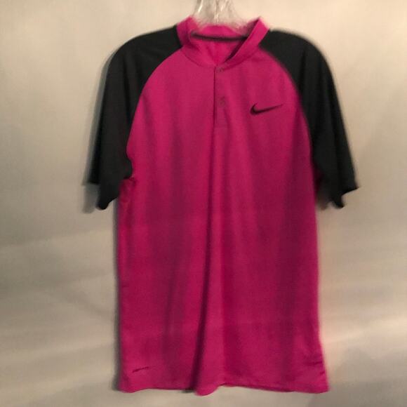 Nike Womens Top Dri Fit Bright Pink Gray Short Sleeve Button Front Nike Swoosh M - Picture 1 of 8